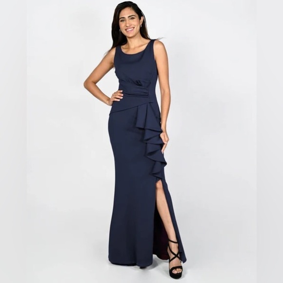 ELIZA J Navy Ruffle Front Gown 10 - Picture 2 of 10